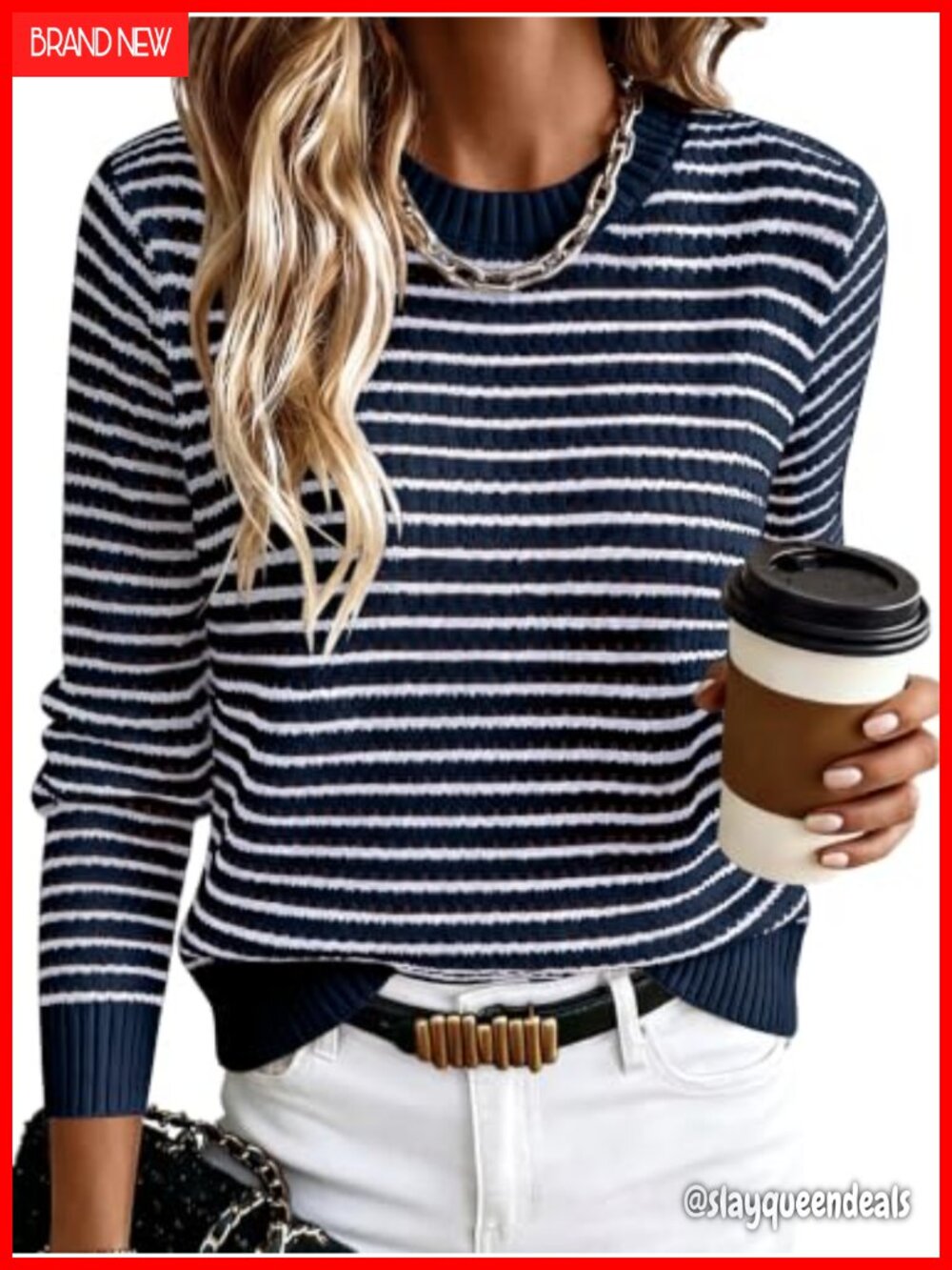 Women's Long Sleeve Striped Crochet Knit Pullover Sweater Crew Neck
